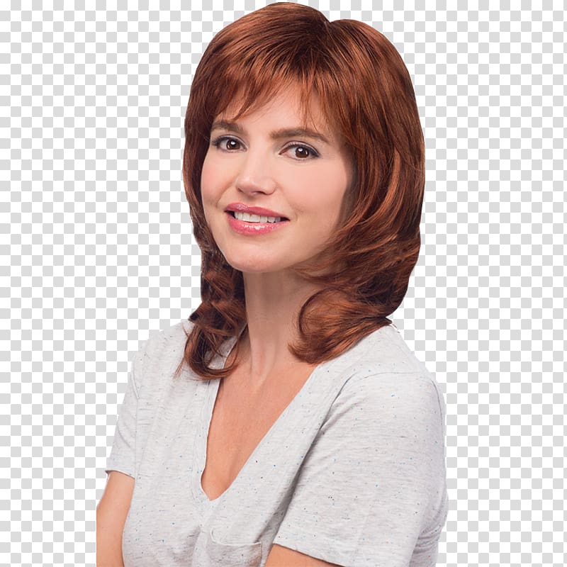 Angela Synthetic Wig By Estetica Estetica Designs, Inc. Layered hair, chestnut auburn transparent background PNG clipart