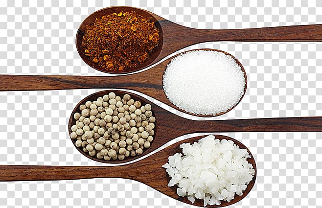 four spoons of different spices, Sugar Spoon Black pepper, Wooden spoon and spices transparent background PNG clipart