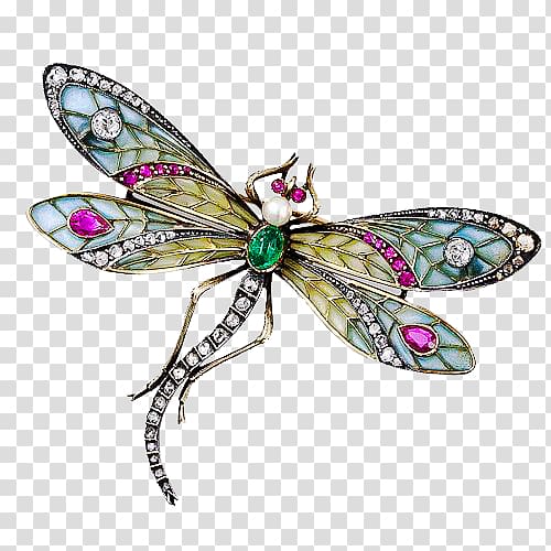 assorted-color gemstone encrusted silver-colored dragonfly brooch, Art Nouveau Jewellery Dragonfly Brooch Plique-xe0-jour, Dragonfly inlaid brick patterns transparent background PNG clipart