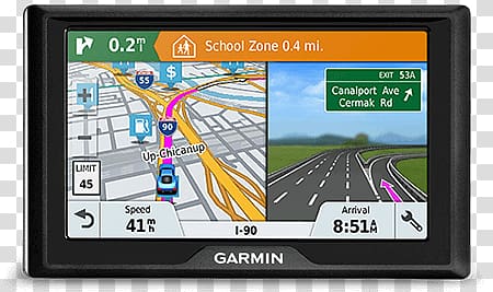 black Garmin GPS navigation system displaying School Zone 0.4 mi., Small Garmin Gps transparent background PNG clipart