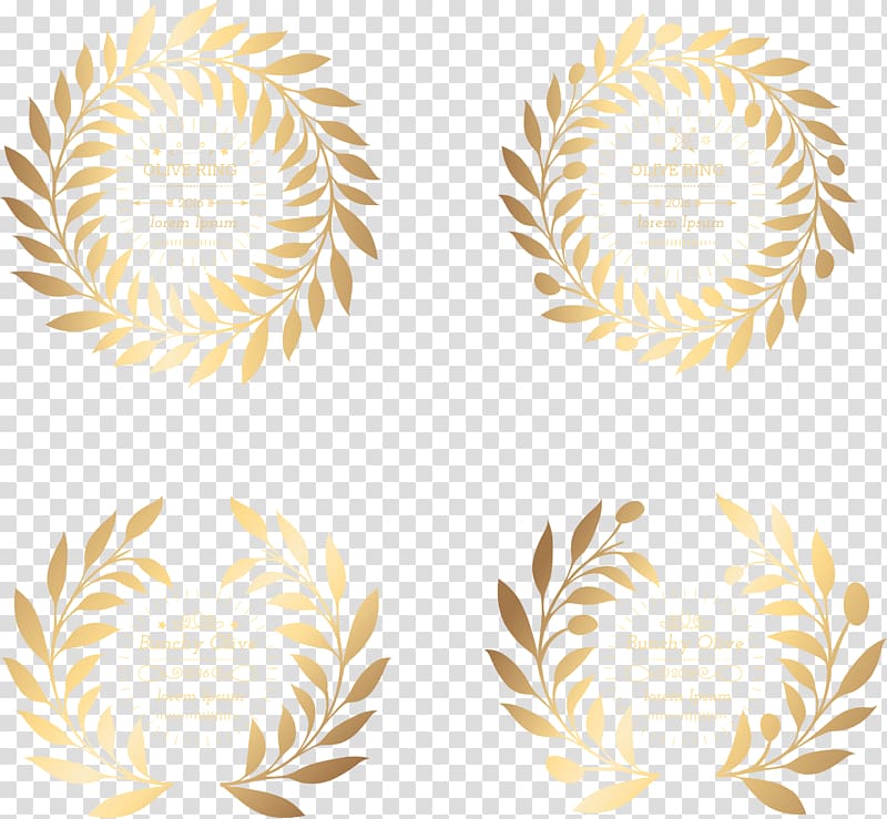 four gold-colored Olive Ring logo illustration, Leaf Wreath Yellow Olive branch, of gold wheat transparent background PNG clipart