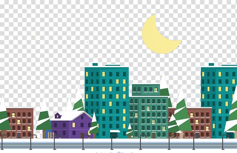 City Illustration, Snowy night in the city material transparent background PNG clipart