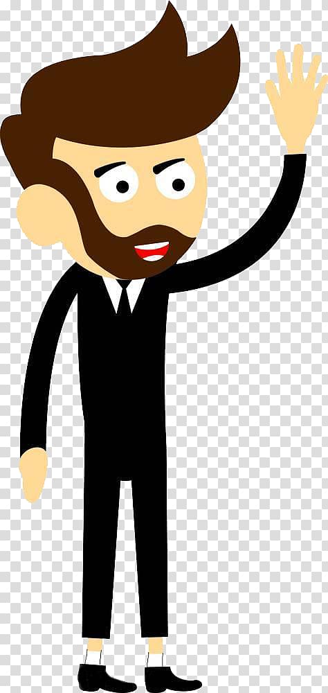 man in black formal suit waving his hand , Cartoon illustration Illustration, wave to say goodbye transparent background PNG clipart