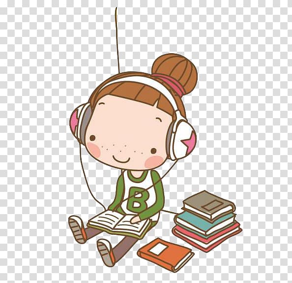 girl listening to headphones while reading book art, Cartoon Song Illustration, The child is borrowing transparent background PNG clipart