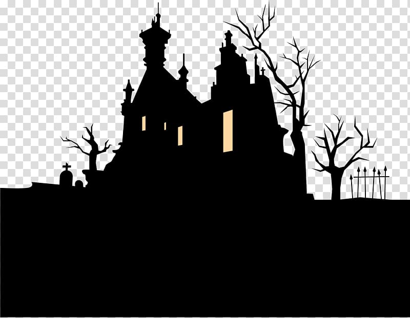 silhouette of black haunted house illustration, Halloween Haunted attraction Holiday Illustration, Black Horror Castle transparent background PNG clipart
