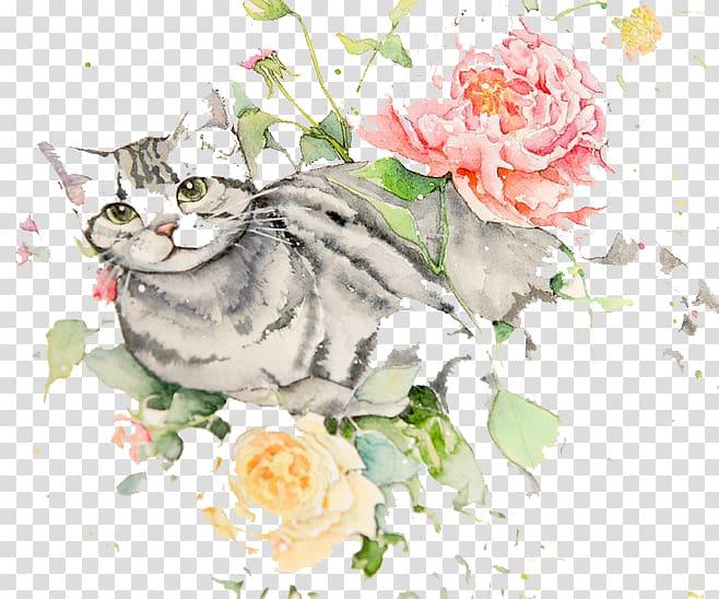 gray cat and flowers artwork, Watercolour Flowers Cat Watercolor painting Drawing, Watercolor cat transparent background PNG clipart