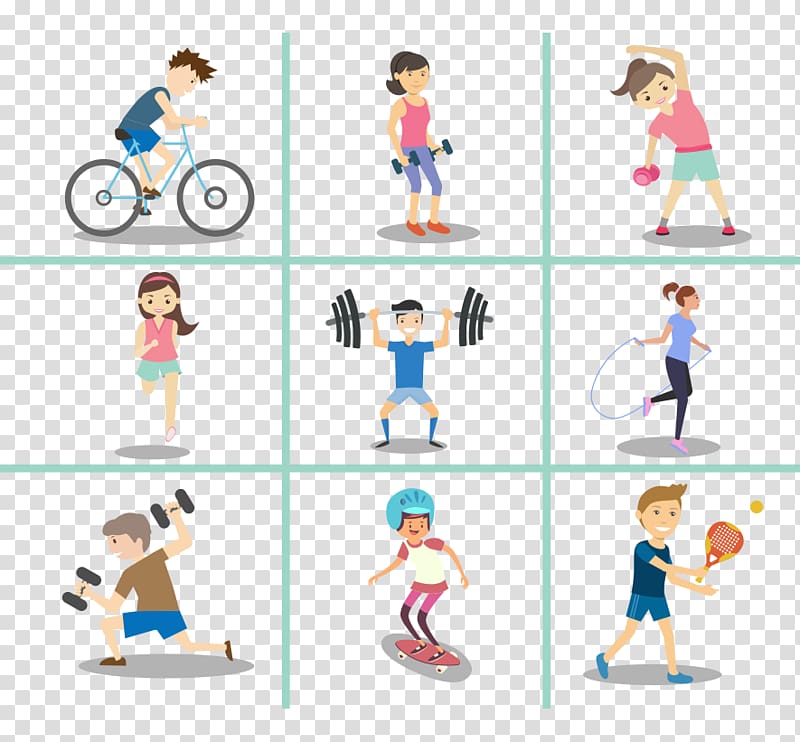 boys and girls exercising collage illustration, Euclidean Illustration, Cartoon sports elements transparent background PNG clipart