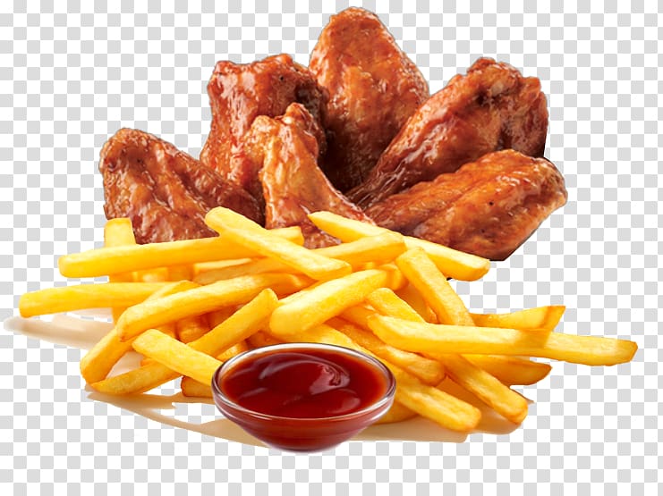 fried chicken wings and French fries with ketchup, French fries Chicken and chips Fried chicken Fast food Chicken fingers, Buffalo Wings transparent background PNG clipart