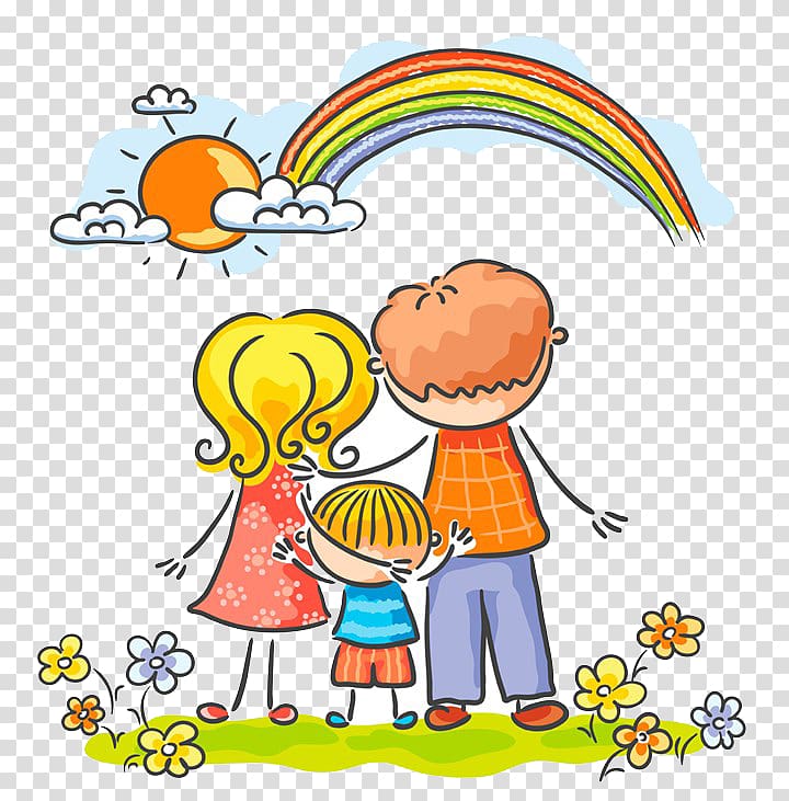 Child Family Illustration, Cartoon family of three to see the rainbow transparent background PNG clipart
