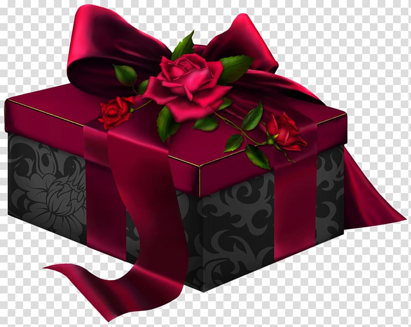 red and black gift box, Box Gift Rosaceae Rectangle, Red and Black 3D Present with Roses transparent background PNG clipart