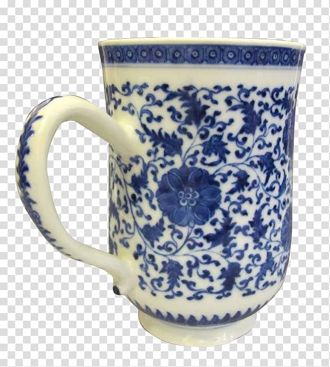 Blue and white pottery Ceramic Coffee cup Mug Porcelain, The blue and white lotus Mug transparent background PNG clipart