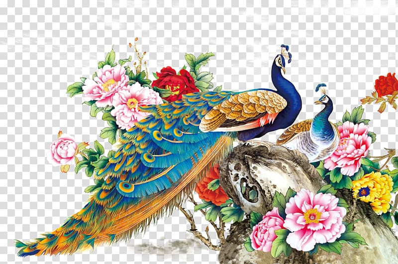 Chinese Painting Techniques Bird Peafowl Wall decal, FIG flowers Peacock, peacock painting transparent background PNG clipart