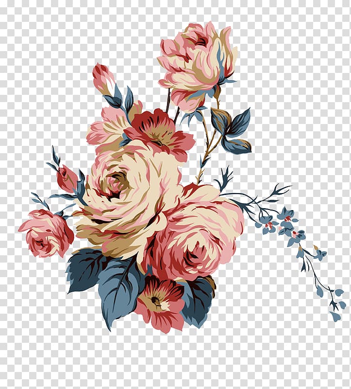 pink and yellow roses , Victorian era Flower Painting , Retro wind flowers transparent background PNG clipart