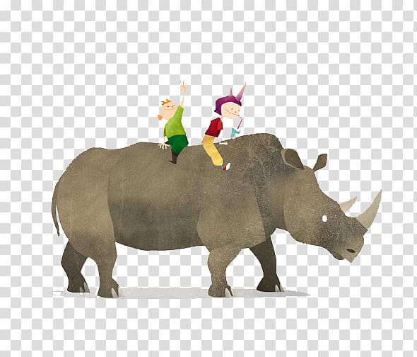 Rhinoceros Printmaking Dog Illustration, Children riding in the back of rhino transparent background PNG clipart
