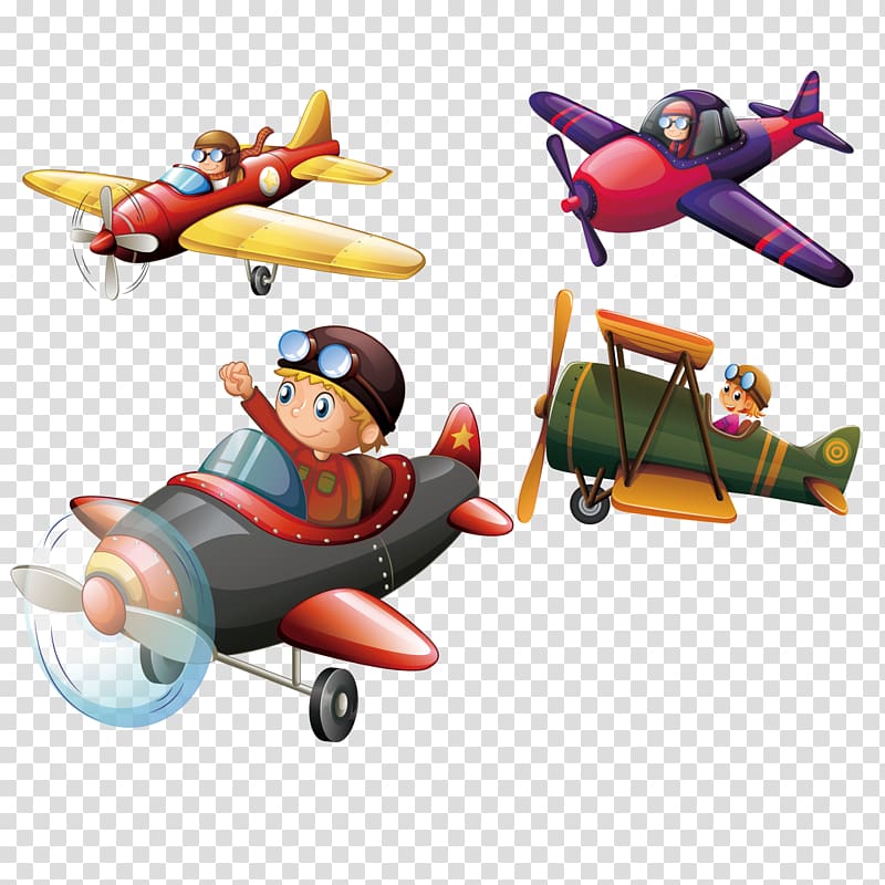 four assorted airplane illustration, Airplane Aircraft Flight Illustration, Cartoon character helicopter pilot transparent background PNG clipart