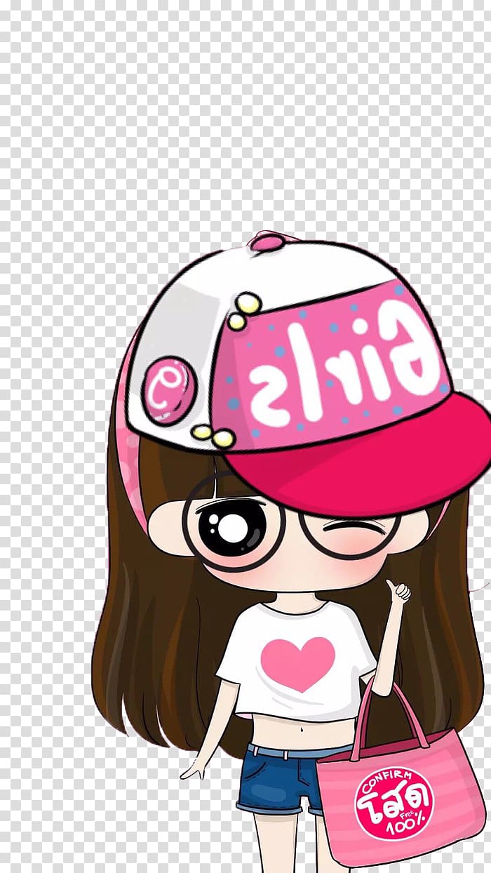 girl holding bag , Girl Anime Chibi Illustration, Wearing a pink baseball cap cute little cartoon girl transparent background PNG clipart
