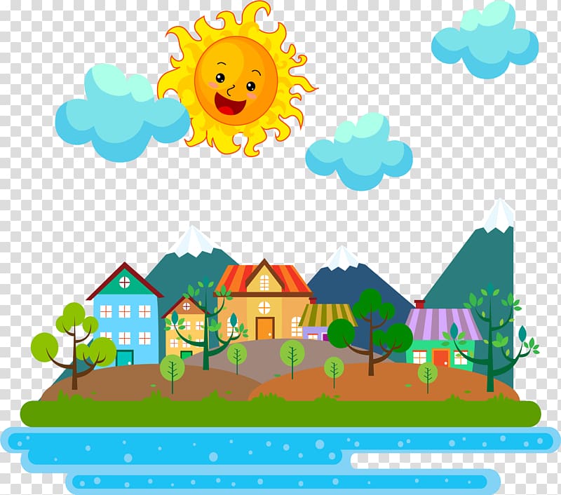 Painting Cartoon Illustration, Sunny town transparent background PNG clipart