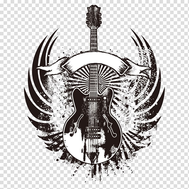 black and white guitar illustration, Guitar Rock music, Guitar printing transparent background PNG clipart