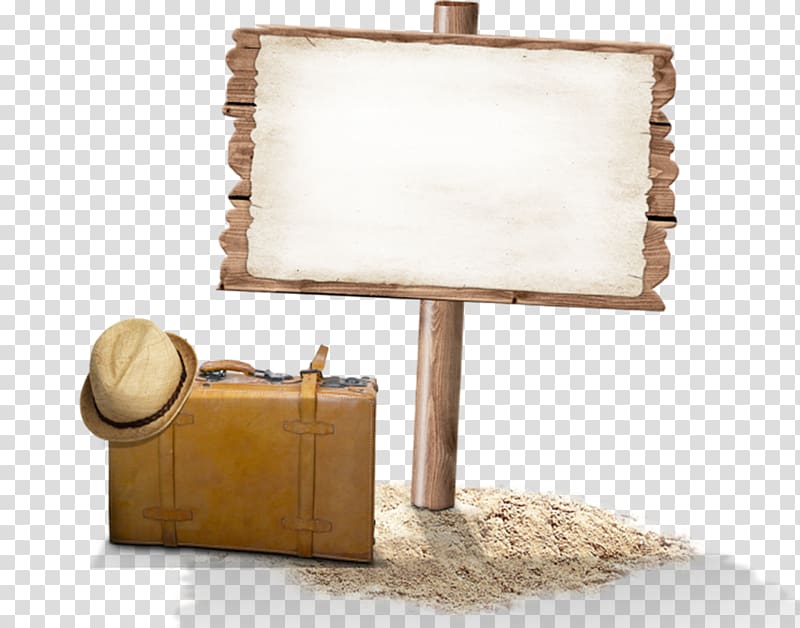 brown wooden signboard beside suitcase, Icon, Wood signs transparent background PNG clipart