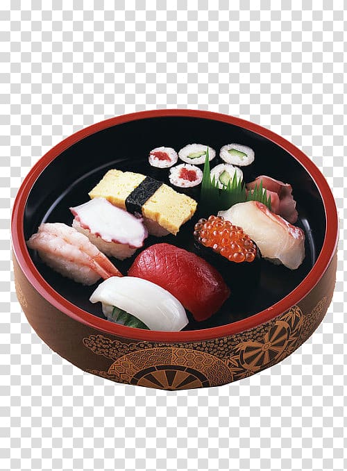 Sushi Japanese Cuisine Sashimi Bento Onigiri, A variety of sushi transparent background PNG clipart