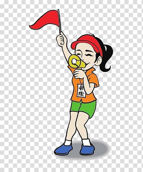 woman holding megaphone and raising red flag , Tour guide Tourism, Comic book guide transparent background PNG clipart