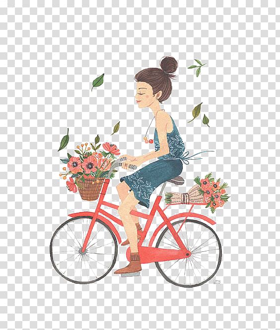 Illustrator Bicycle Drawing Illustration, Blue skirt flower girl riding a red bicycle carrier transparent background PNG clipart