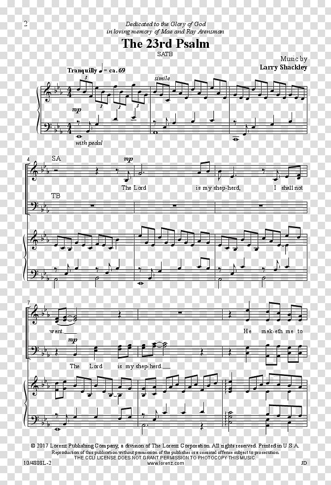 Sheet Music J.W. Pepper & Son Choir SATB, 23rdpsalm transparent background PNG clipart