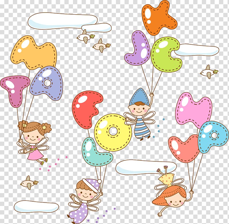 four fairy holding letter balloons illustration, Cartoon Child Watercolor painting Illustration, cute transparent background PNG clipart