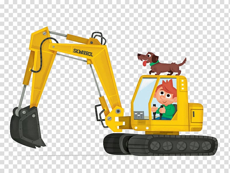 boy riding excavator with dog under it, Heavy equipment Excavator Graphic design, Flat excavator transparent background PNG clipart