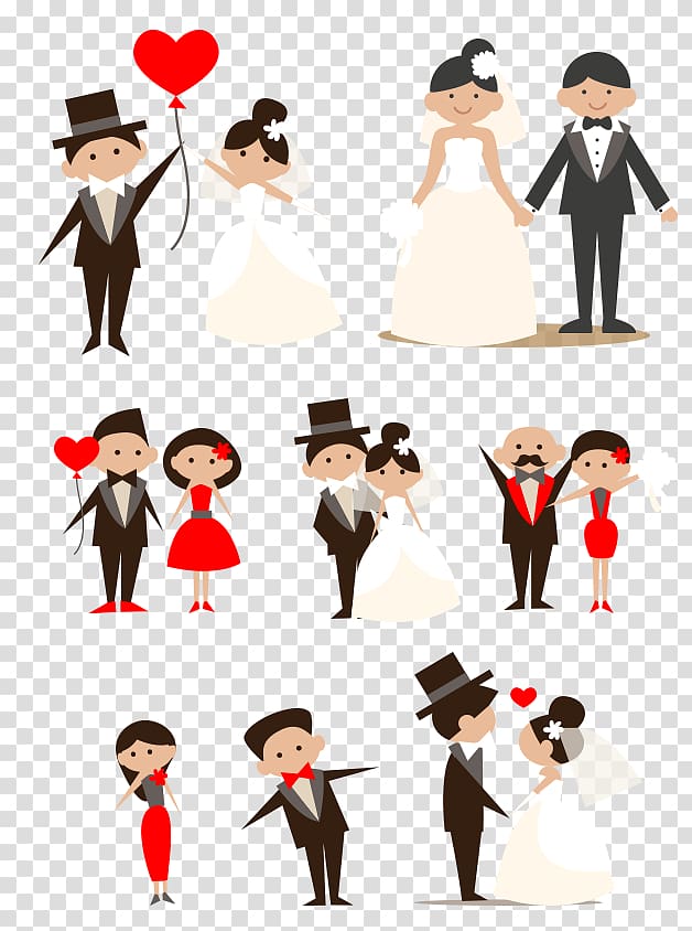 multicolored groom and bride illustration, Wedding Cartoon couple , Hand-drawn cartoon bride and groom couples transparent background PNG clipart
