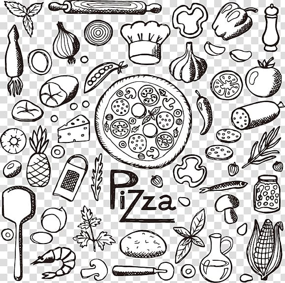Pizza recipe and utensil lot collage, Pizza Italian cuisine Fast food Drawing, Gourmet Pizza transparent background PNG clipart