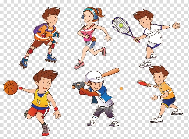 six people with sports gears and suit art, Cartoon Sport Athlete , Cartoon athletes transparent background PNG clipart
