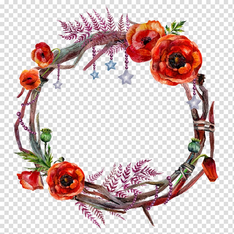 red, green, and brown floral wreath illustration, Wreath Flower Garland Poppy, Flower garlands transparent background PNG clipart