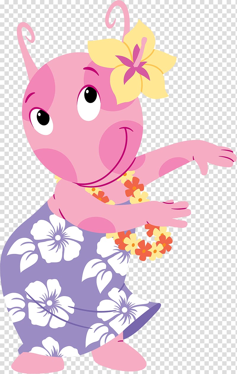 pink character in purple floral dress illustration, Uniqua Hawaian Dress transparent background PNG clipart