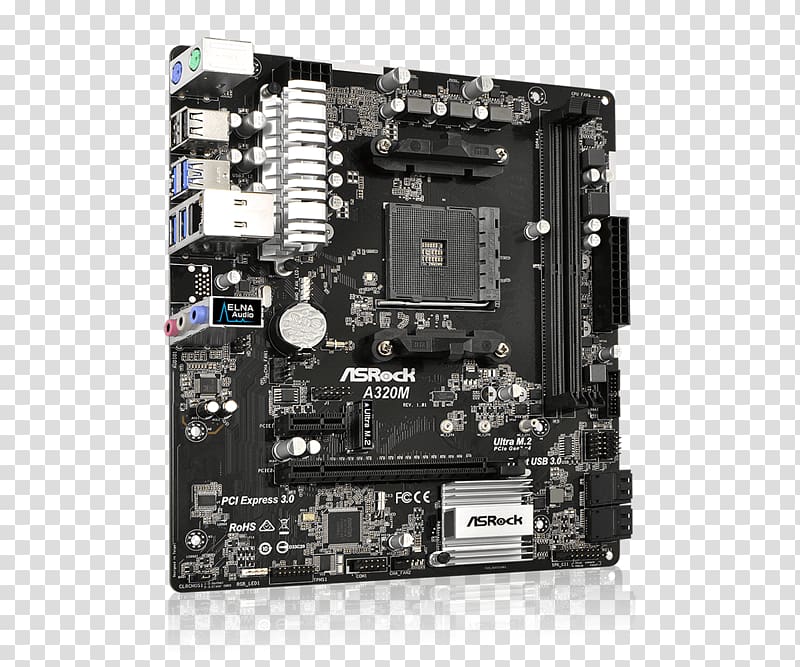 Socket AM4 ASRock A320M AMD A320 AM4 Micro ATX Motherboard microATX ASRock AB350M-HDV, MicroATX transparent background PNG clipart