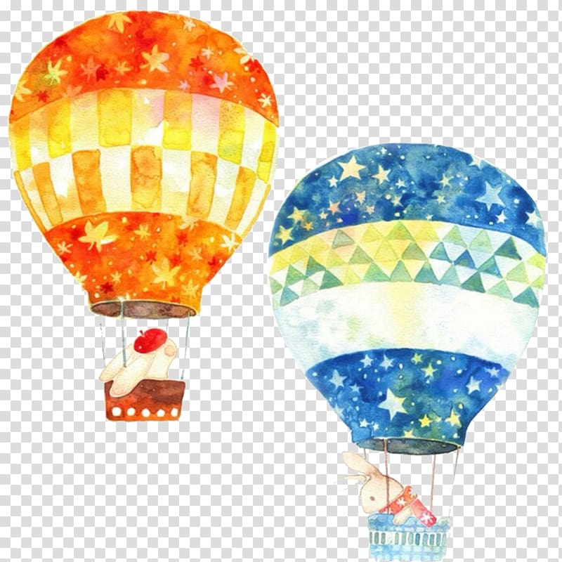 blue and orange hot air balloons , Hot air balloon Watercolor painting, hot air balloon transparent background PNG clipart