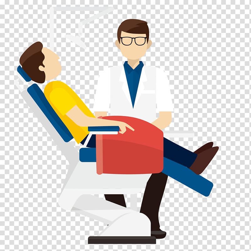 man sitting on dentistry chair beside doctor, Physician Dentist Patient, cartoon doctor to the patient to see the teeth transparent background PNG clipart