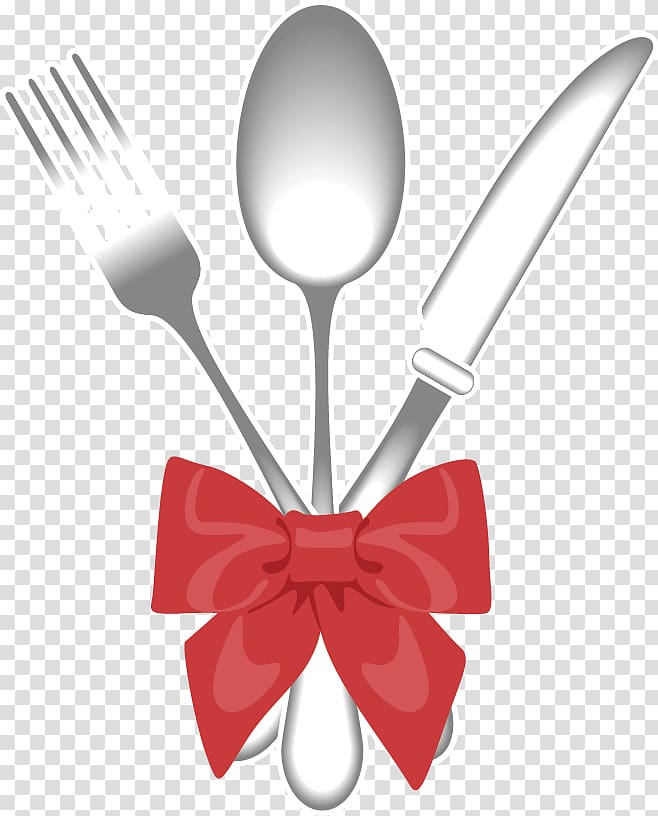 fork, spoon, and knife gift set with red bow, Fork Paper Restaurant, painted fork bow transparent background PNG clipart