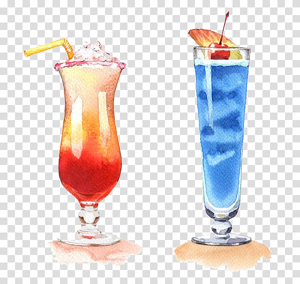 two cocktail drinks, Cocktail Sea Breeze Singapore Sling Bay Breeze Mai Tai, Hand-painted blue cocktail transparent background PNG clipart
