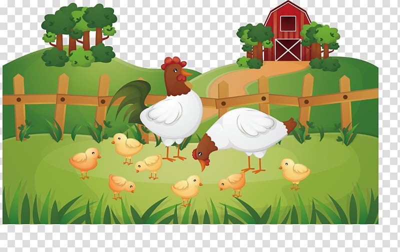 two hens and seven chicks on green lawn grasses near fence at daytime illustration, Animal Farm Chicken Rooster Poultry farming, Green chicken farm transparent background PNG clipart