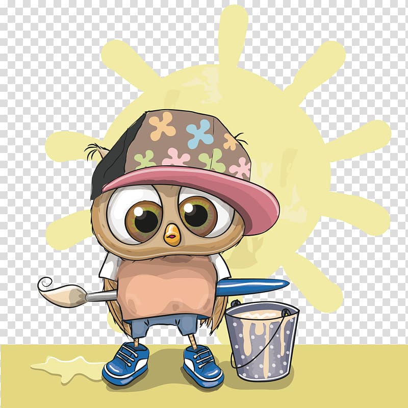 bird and bucket , Owl Drawing Illustration, Painted the owl of the sun transparent background PNG clipart