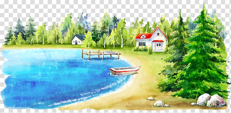illustration of white and red boat docked across tall trees near house, Watercolor painting Fukei Beach Illustration, Hand-painted beach scenery transparent background PNG clipart