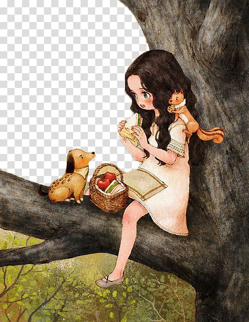 girl holding sandwich sitting on tree branch with dog, Diary Illustrator Illustration, Fairy tale illustration transparent background PNG clipart