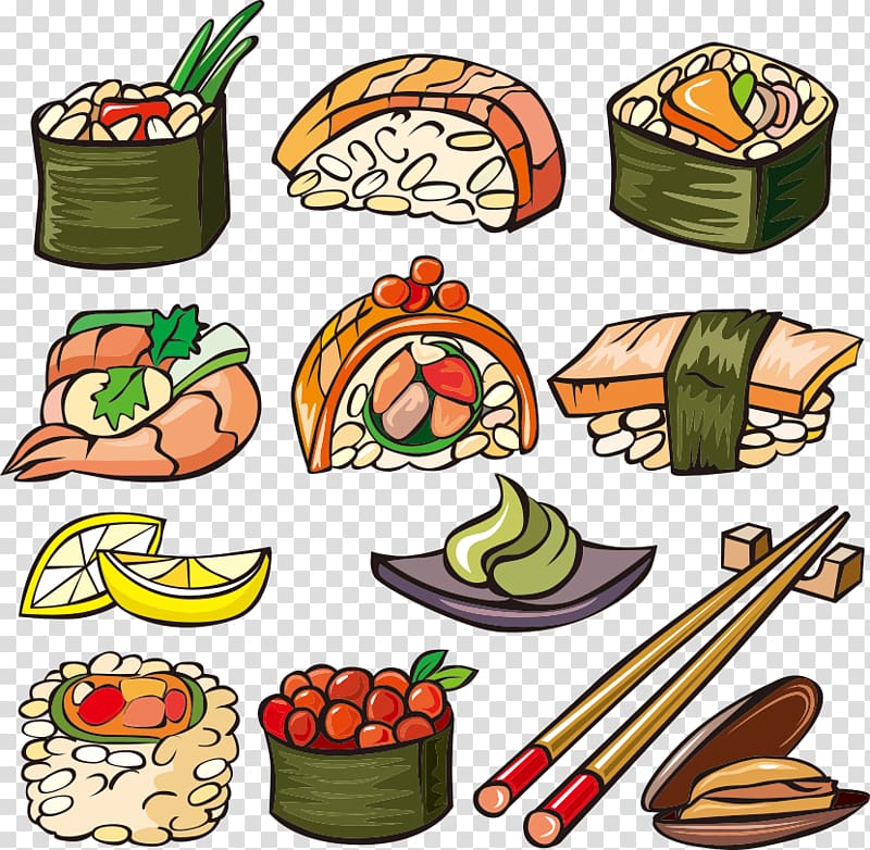 Sushi Japanese Cuisine Seafood , painted sushi material transparent background PNG clipart