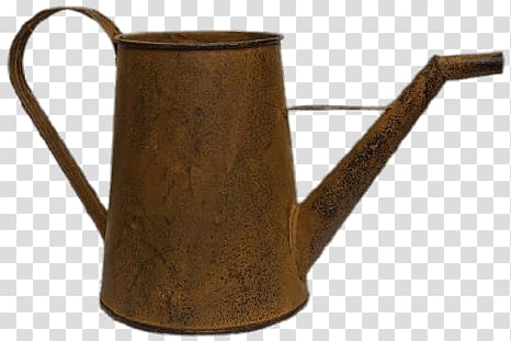 brown metal watering can on blue surface, Rustic Watering Can transparent background PNG clipart