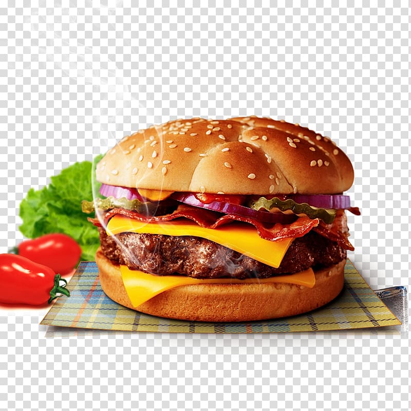 hamburger on mat, Hamburger Angus cattle Bacon, egg and cheese sandwich Cheeseburger, Burger material transparent background PNG clipart