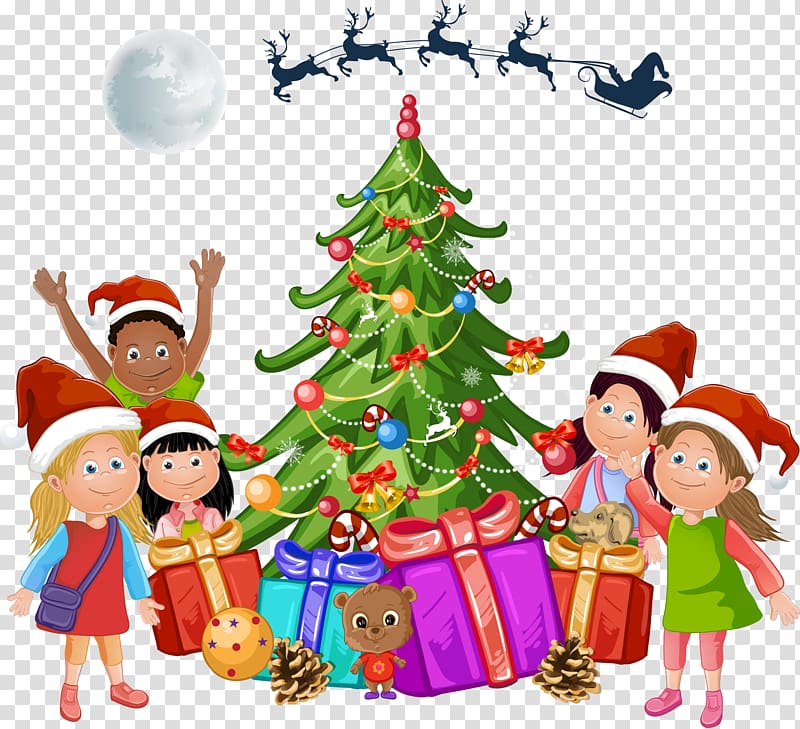 Cartoon Christmas tree next to the children transparent background PNG clipart