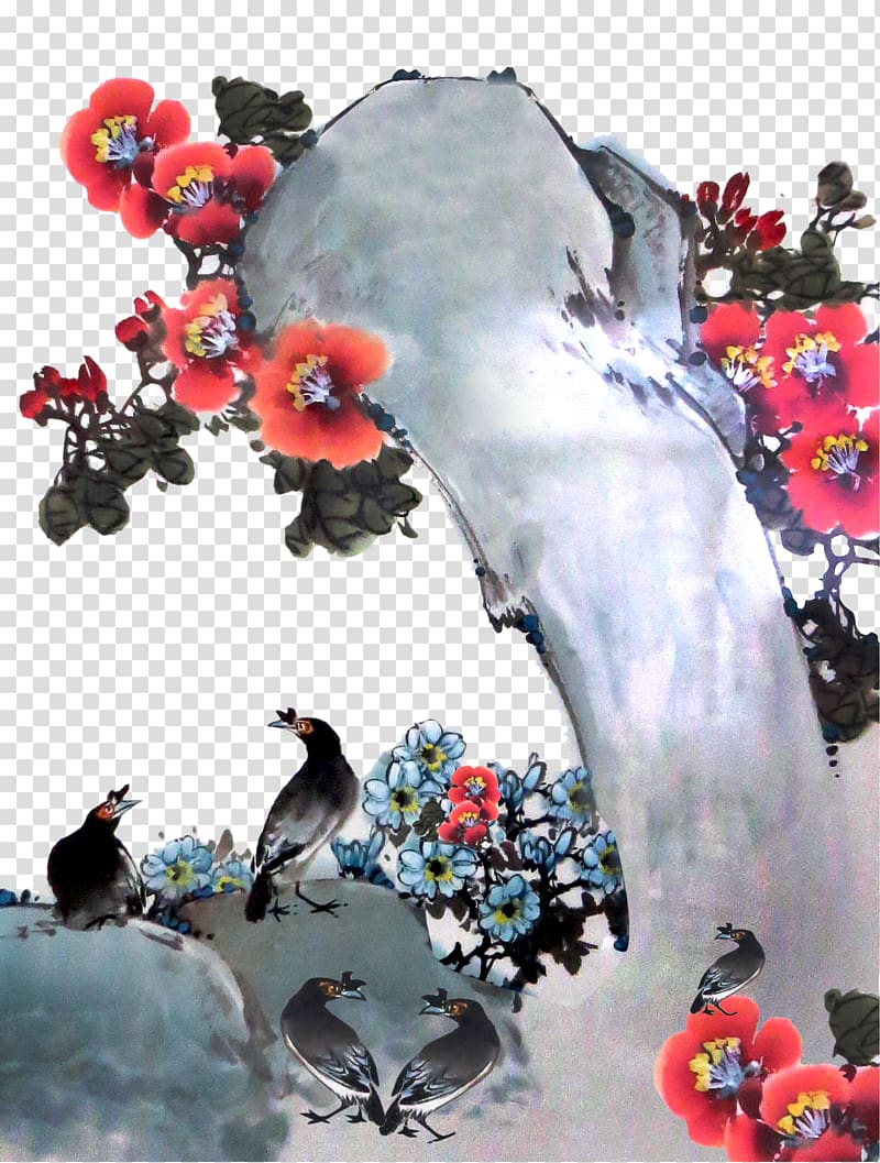 Bird Ink Painting, Flowers and birds ink stone transparent background PNG clipart