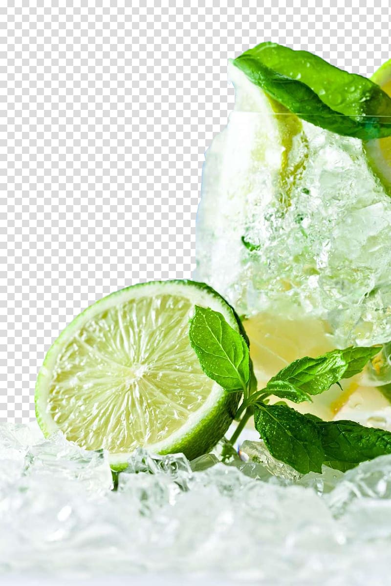 lime slice on ice, Mojito Cocktail Caipirinha Juice Peppermint, Great food advertising poster lemon transparent background PNG clipart