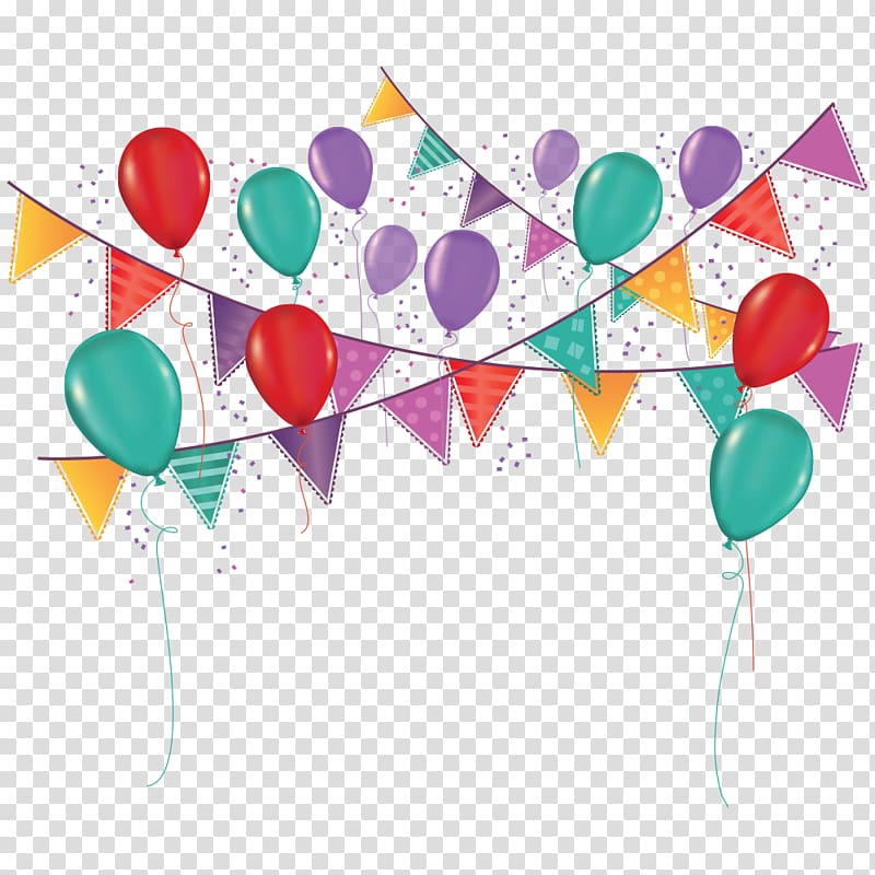 blue, red, and purple balloons illustration, Party Birthday Carnival Ornament Toy balloon, Balloon pull flag transparent background PNG clipart